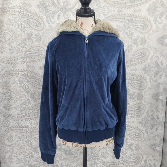 Pink VS Y2K Vintage The Pinks Love & Rock N Roll Tour Velour Blue jacket Furhood - Picture 2 of 13